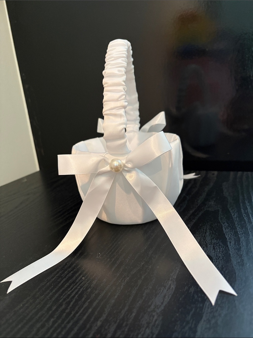 White Satin Flower Girl Basket with Pearl Bow